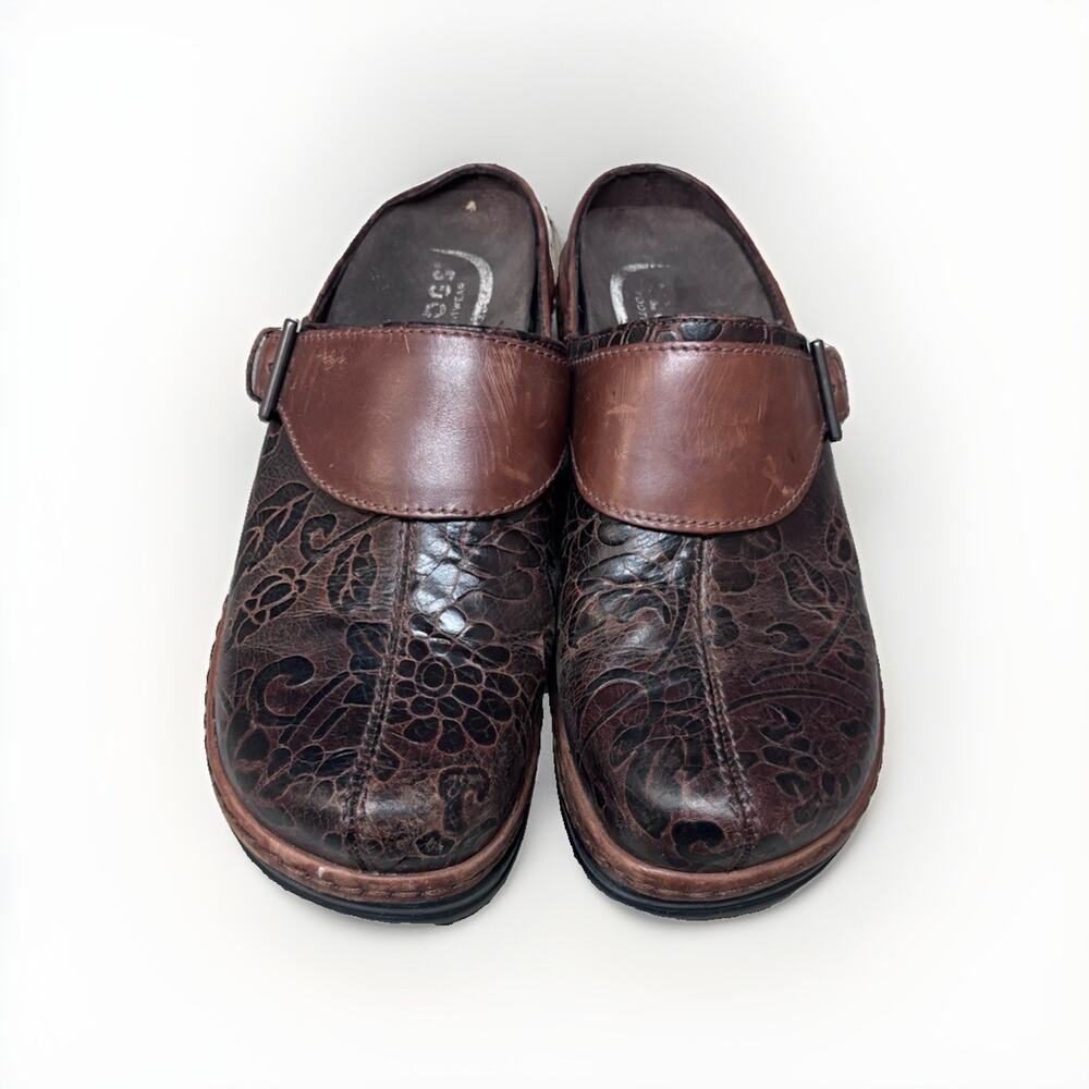 Klogs Women's Size 10 Brown Floral Leather Clogs Slip Resistant Comfort